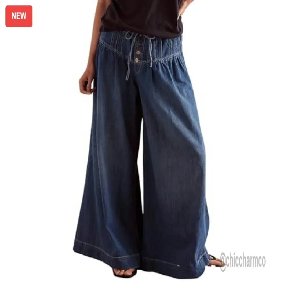 Women's Baggy Wide Leg Denim Pants Drawstring Midi Waisted Flare Jeans - Picture 2 of 8